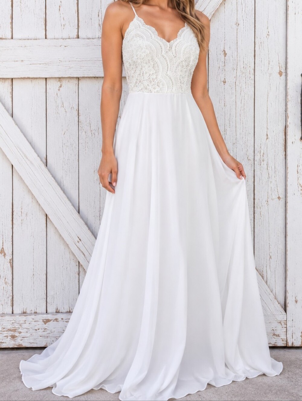 Lulu's White Lace Bodice Spaghetti Strap Wedding Dress Size S